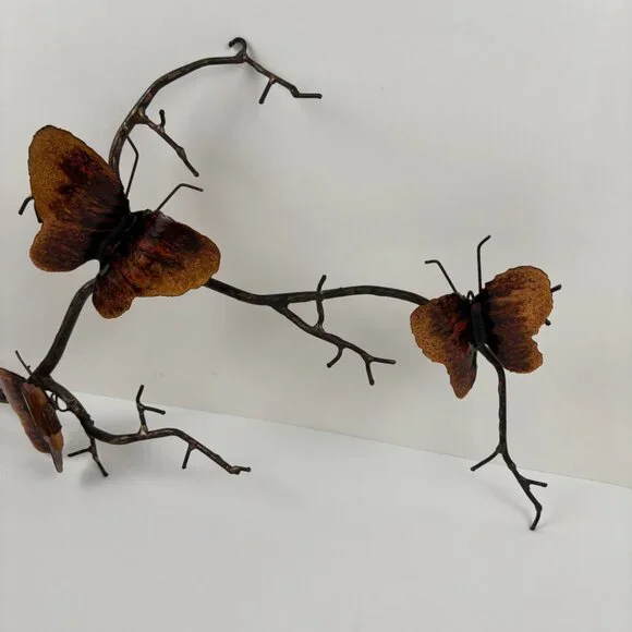 Bovano Enamel on Copper Butterflies on Branch Metal Wall Art Mid Century